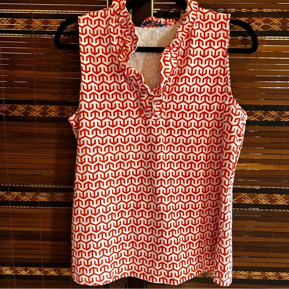 J. McLaughlin Tops - J. McLaughlin Durham Sleeveless Ruffle Top Orange White Print | Sz L